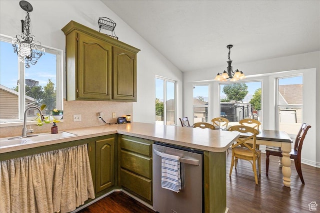 14133 S Lowe Peak Cir, Riverton, UT 84096 - kitchen featuring a chandelier, light countertops, vaulted ceiling, dark wood-type flooring, and a peninsula
