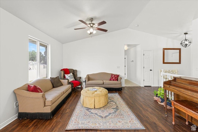 14133 S Lowe Peak Cir, Riverton, UT 84096 - living room with vaulted ceiling, ceiling fan, and dark wood finished floors