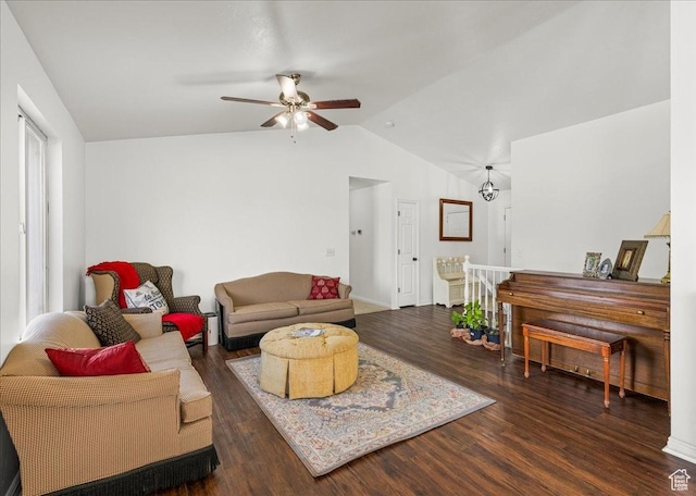 14133 S Lowe Peak Cir, Riverton, UT 84096 - living area featuring wood finished floors, a ceiling fan, and vaulted ceiling