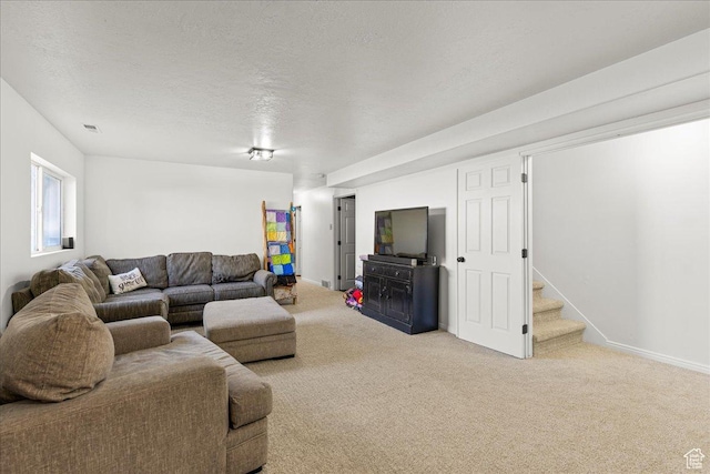 14133 S Lowe Peak Cir, Riverton, UT 84096 - living room with carpet, stairs, and a textured ceiling
