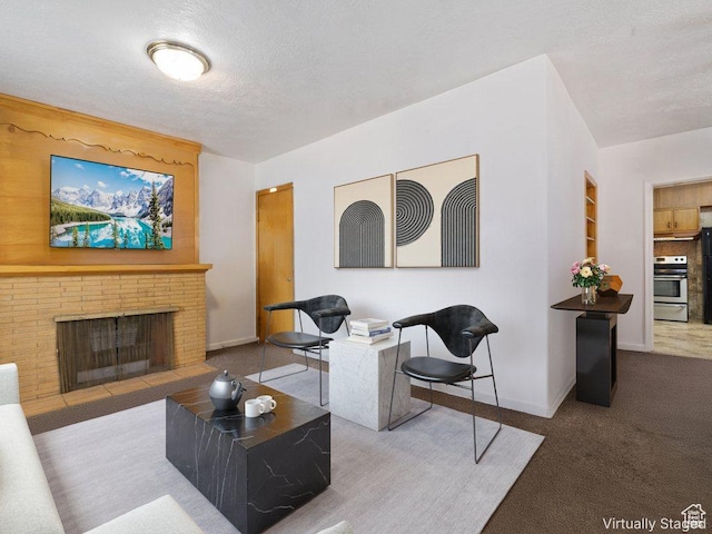 792 W 100 N, Provo, UT 84601 - carpeted living room featuring a textured ceiling and a brick fireplace