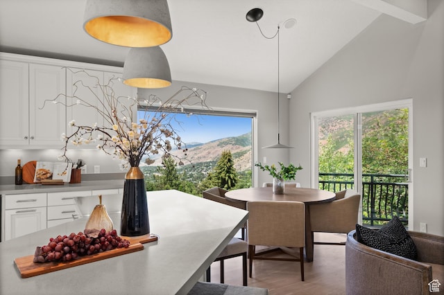 4504 S Abinadi Rd E, Millcreek, UT 84124 - dining area with wood finished floors, a mountain view, and high vaulted ceiling
