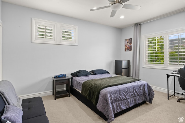 855 E Snap Dragon Ln, Fruit Heights, UT 84037 - bedroom with carpet flooring, recessed lighting, a ceiling fan, and freestanding refrigerator