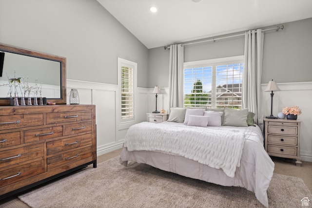 855 E Snap Dragon Ln, Fruit Heights, UT 84037 - carpeted bedroom with wainscoting, high vaulted ceiling, a decorative wall, and recessed lighting