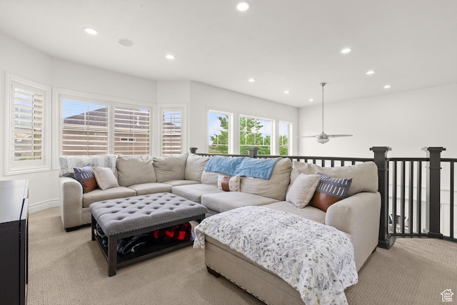 855 E Snap Dragon Ln, Fruit Heights, UT 84037 - living area featuring recessed lighting, light carpet, and a ceiling fan
