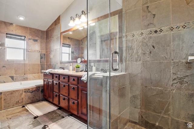 1922 N 1550 E, Provo, UT 84604 - full bath featuring vanity, tile walls, a stall shower, and a relaxing tiled tub