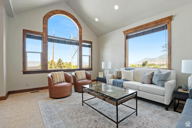 1922 N 1550 E, Provo, UT 84604 - carpeted living area with a mountain view, recessed lighting, and high vaulted ceiling