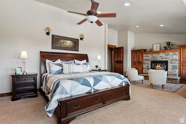 1922 N 1550 E, Provo, UT 84604 - bedroom featuring light carpet, a stone fireplace, lofted ceiling, recessed lighting, and ceiling fan