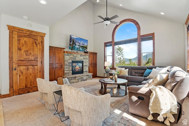 1922 N 1550 E, Provo, UT 84604 - living room with recessed lighting, high vaulted ceiling, a stone fireplace, and ceiling fan