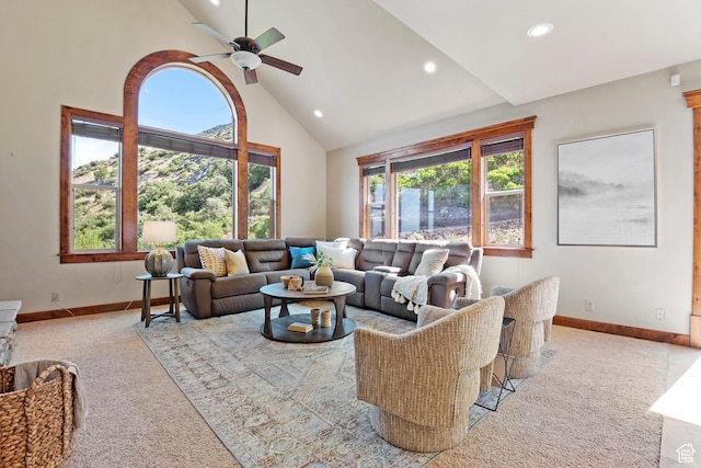 1922 N 1550 E, Provo, UT 84604 - carpeted living room with high vaulted ceiling, recessed lighting, and ceiling fan
