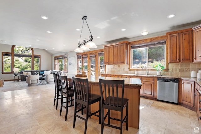 1922 N 1550 E, Provo, UT 84604 - kitchen featuring stainless steel dishwasher, recessed lighting, a kitchen island, tasteful backsplash, and open floor plan