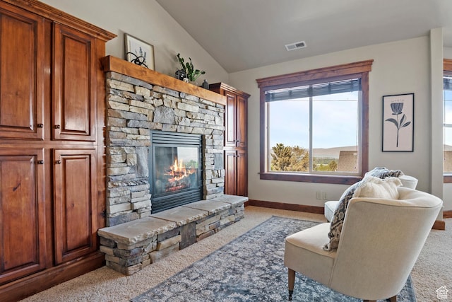1922 N 1550 E, Provo, UT 84604 - carpeted living room with a fireplace and vaulted ceiling