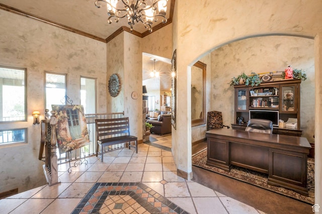 11273 S Alisa Meadows Dr, South Jordan, UT 84095 - office space with arched walkways, crown molding, inlaid floor details, a chandelier, and a towering ceiling