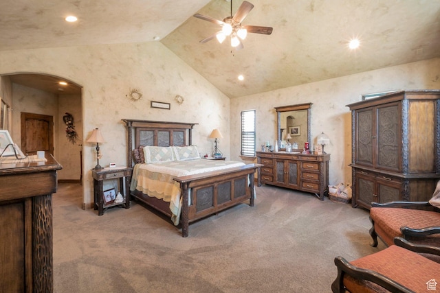 11273 S Alisa Meadows Dr, South Jordan, UT 84095 - bedroom with light carpet, lofted ceiling, arched walkways, recessed lighting, and a ceiling fan