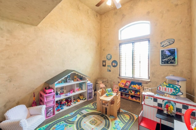 11273 S Alisa Meadows Dr, South Jordan, UT 84095 - recreation room with plenty of natural light, a ceiling fan, carpet, and a towering ceiling