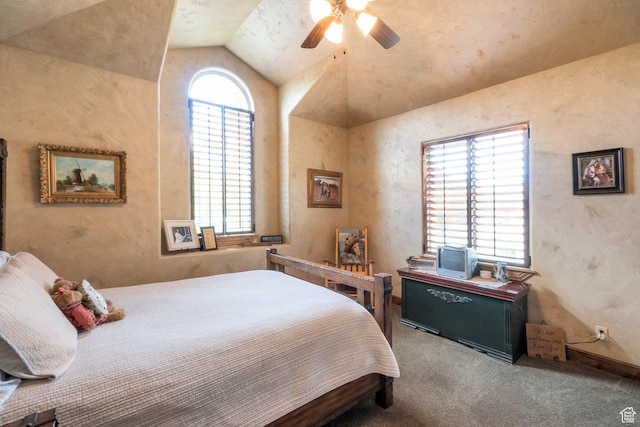 11273 S Alisa Meadows Dr, South Jordan, UT 84095 - carpeted bedroom with vaulted ceiling, multiple windows, and a ceiling fan