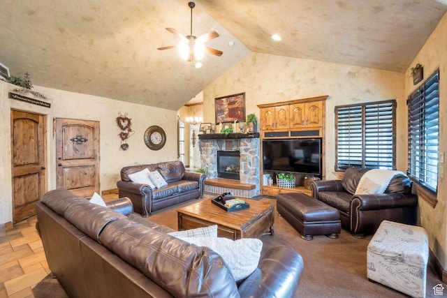 11273 S Alisa Meadows Dr, South Jordan, UT 84095 - living room with lofted ceiling, a ceiling fan, stone tile flooring, a stone fireplace, and recessed lighting