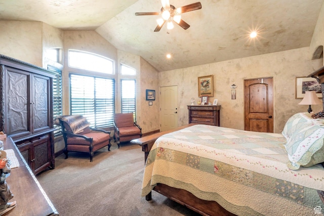 11273 S Alisa Meadows Dr, South Jordan, UT 84095 - bedroom with light colored carpet, high vaulted ceiling, and a ceiling fan