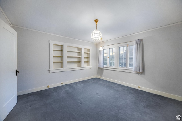 116 S University St E, Salt Lake City, UT 84102 - empty room featuring built in shelves, dark colored carpet, and crown molding