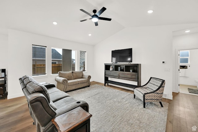 88 N Maraschino W, Grantsville, UT 84029 - living room with lofted ceiling, ceiling fan, wood finished floors, and recessed lighting