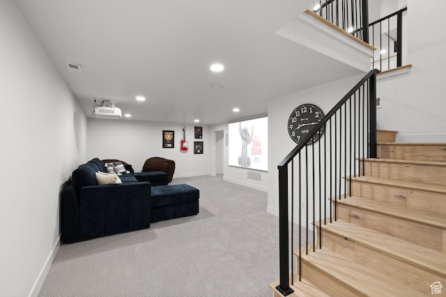 5223 S Hillsden Dr, Holladay, UT 84117 - living area featuring recessed lighting, carpet, and stairway