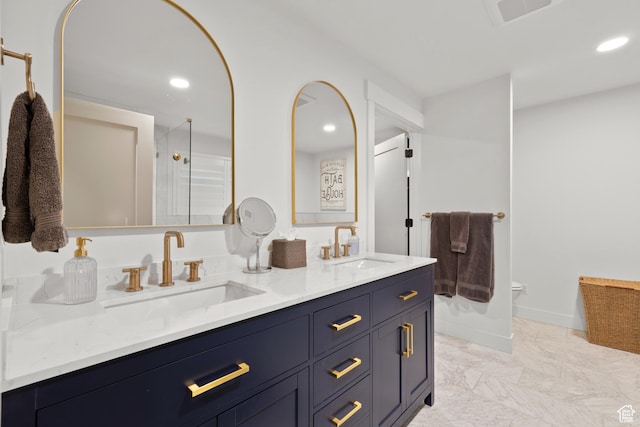 5223 S Hillsden Dr, Holladay, UT 84117 - full bath with double vanity, a shower with door, and recessed lighting