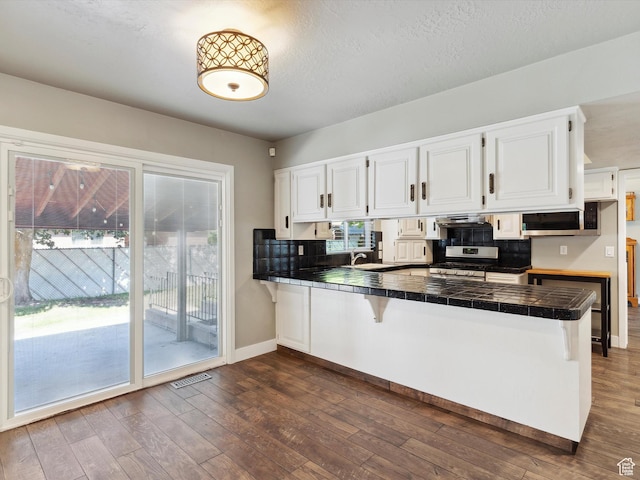 2203 N Joni Dr E, Layton, UT 84040 - kitchen with stainless steel appliances, a peninsula, dark wood-style floors, white cabinets, and tile countertops
