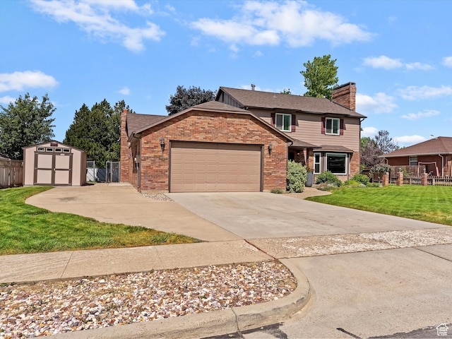 2203 N Joni Dr E, Layton, UT 84040 - traditional-style house featuring a shed, brick siding, a garage, and a chimney