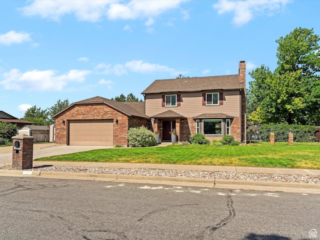 2203 N Joni Dr E, Layton, UT 84040 - traditional-style house featuring an attached garage, concrete driveway, brick siding, and a chimney