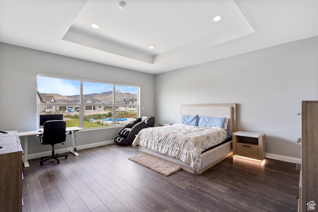 3862 W Lucerne Way, Lehi, UT 84043 - bedroom featuring a tray ceiling, a desk, recessed lighting, and dark wood-style floors