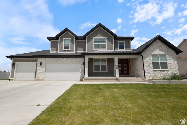 3862 W Lucerne Way, Lehi, UT 84043 - view of front of house with a front yard, covered porch, driveway, and stone siding