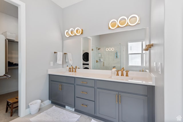 3862 W Lucerne Way, Lehi, UT 84043 - full bath with estacked washer and dryer, a shower stall, and double vanity