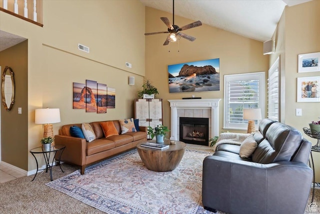 11571 S Lexington Hills Cir E, Sandy, UT 84092 - carpeted living area featuring ceiling fan, high vaulted ceiling, and a tile fireplace