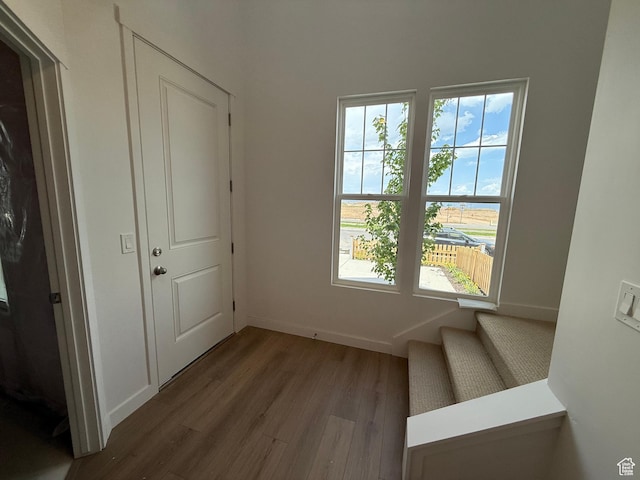 6923 W S Jordan Pkwy S, South Jordan, UT 84009 - doorway to outside featuring wood finished floors, healthy amount of natural light, and stairs