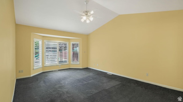 6320 S Hathaway St, Taylorsville, UT 84123 - spare room featuring a ceiling fan, lofted ceiling, and dark carpet
