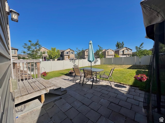 2061 Revere Way, Eagle Mountain, UT 84005 - fenced backyard featuring a patio, a residential view, and outdoor dining space
