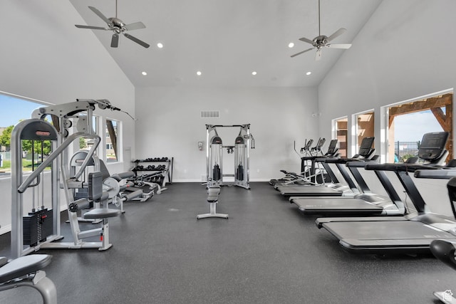 14483 S Ryegate Dr, Herriman, UT 84096 - exercise room featuring high vaulted ceiling, a ceiling fan, and recessed lighting