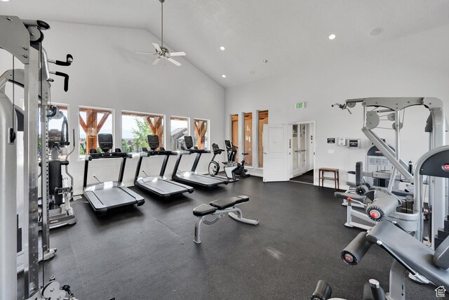 14483 S Ryegate Dr, Herriman, UT 84096 - workout area with high vaulted ceiling, ceiling fan, and recessed lighting