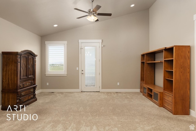 1338 S 1150 W, Payson, UT 84651 - unfurnished living room featuring vaulted ceiling, a ceiling fan, light colored carpet, and recessed lighting