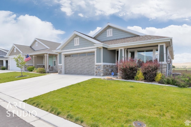 1338 S 1150 W, Payson, UT 84651 - craftsman inspired home featuring a front lawn, stone siding, an attached garage, concrete driveway, and roof with shingles