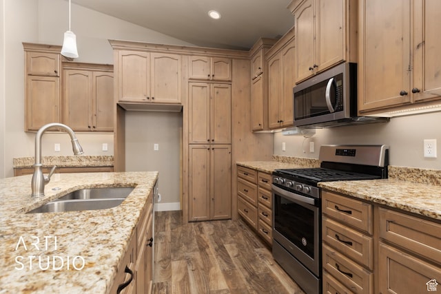 1338 S 1150 W, Payson, UT 84651 - kitchen featuring stainless steel appliances, dark wood finished floors, light stone counters, light brown cabinetry, and recessed lighting