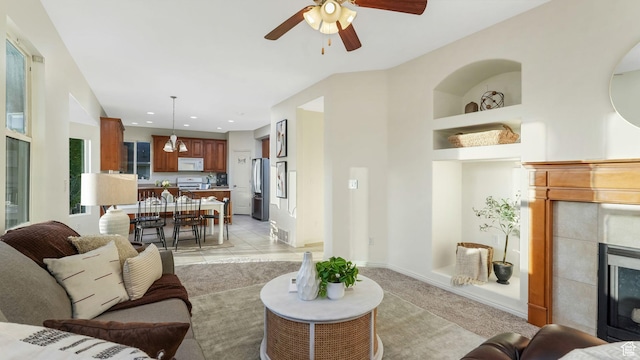 1562 S 910 W, Payson, UT 84651 - living area featuring a tile fireplace, ceiling fan, and recessed lighting