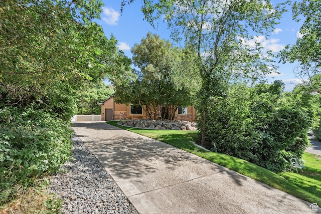 520 Lacey Way N, Salt Lake, UT 84054 - view of property hidden behind natural elements featuring stone siding, a front lawn, and concrete driveway