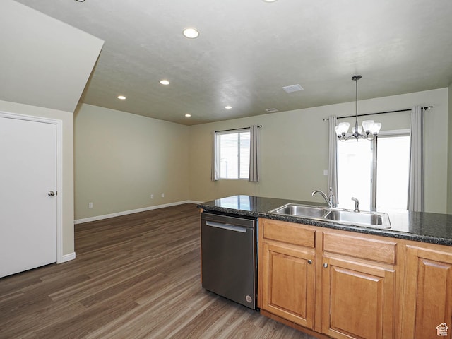 6900 S Village Haven Ln W, Midvale, UT 84047 - kitchen with dishwasher, recessed lighting, wood finished floors, a chandelier, and open floor plan
