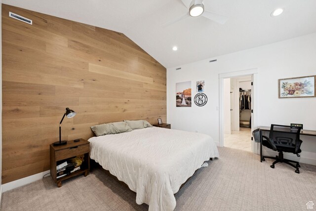 520 S Orchard Dr Unit 1, Bountiful, UT 84010 - bedroom with vaulted ceiling, wood walls, recessed lighting, light colored carpet, and ceiling fan