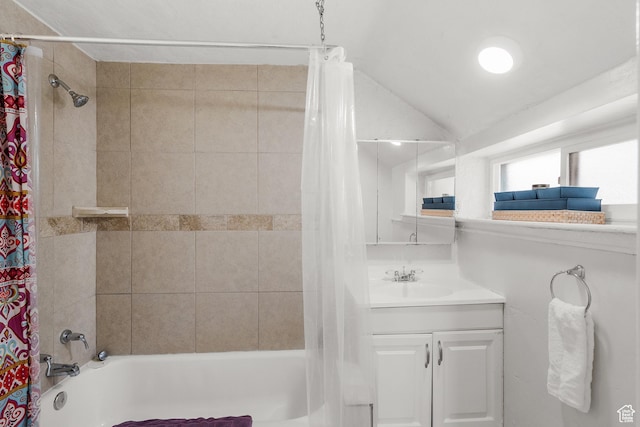 79 S 300 E, Farmington, UT 84025 - bathroom with shower / bath combo, vanity, and vaulted ceiling