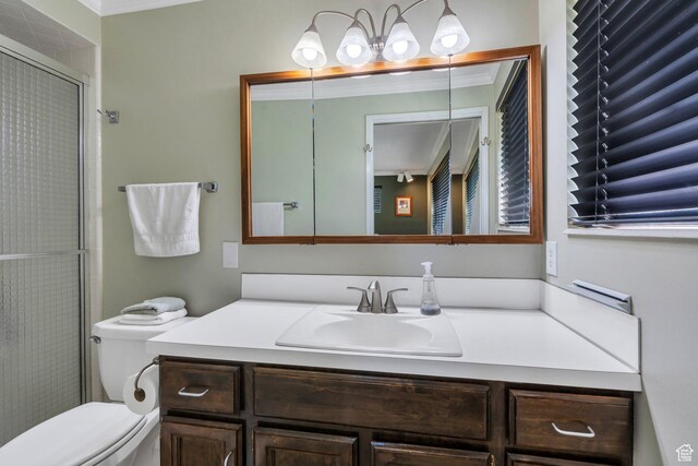 2173 S 1150 E, Bountiful, UT 84010 - full bathroom featuring vanity, an enclosed shower, and ornamental molding