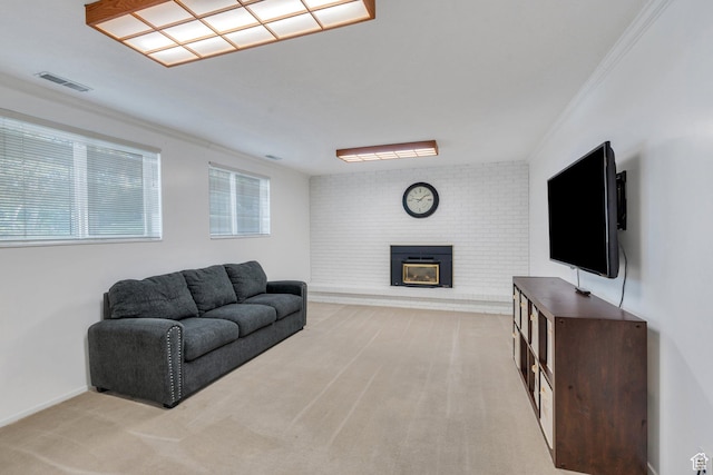 2173 S 1150 E, Bountiful, UT 84010 - living area featuring light carpet, a brick fireplace, and crown molding