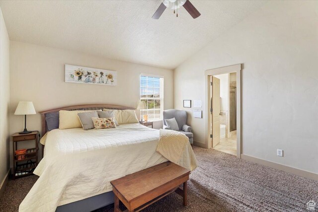 4257 W Lake Bridge Dr S, South Jordan, UT 84009 - bedroom with carpet flooring, a textured ceiling, lofted ceiling, ensuite bath, and ceiling fan