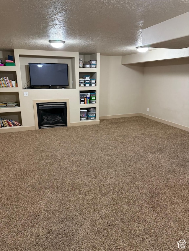 4257 W Lake Bridge Dr S, South Jordan, UT 84009 - finished basement featuring a textured ceiling, a fireplace, carpet, and built in features